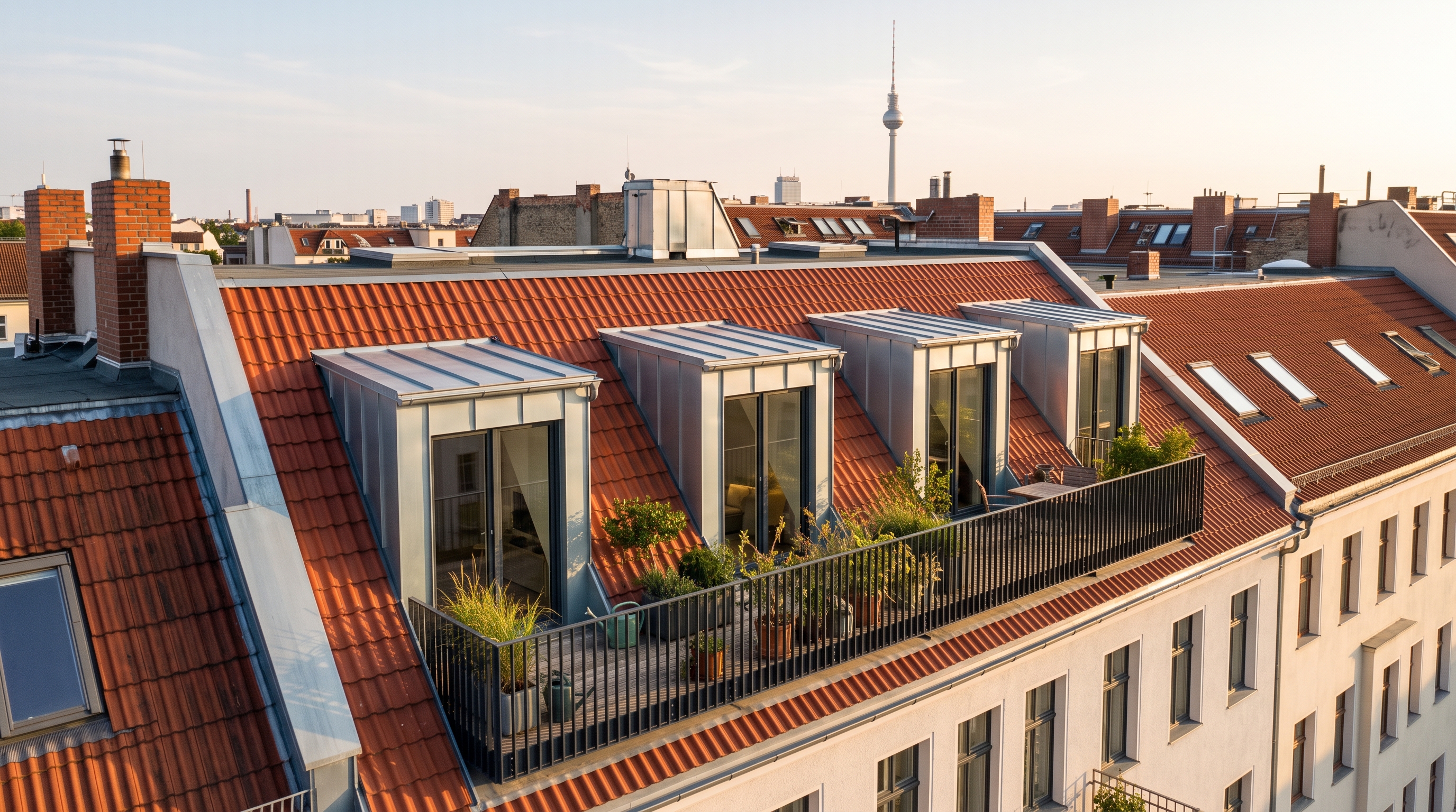 Fertiggestellter Berliner Dachausbau mit Zinkgauben und Dachterrasse